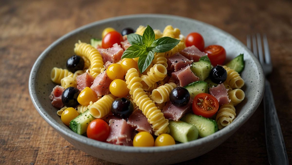 Salade de pâtes au jambon et petits légumes