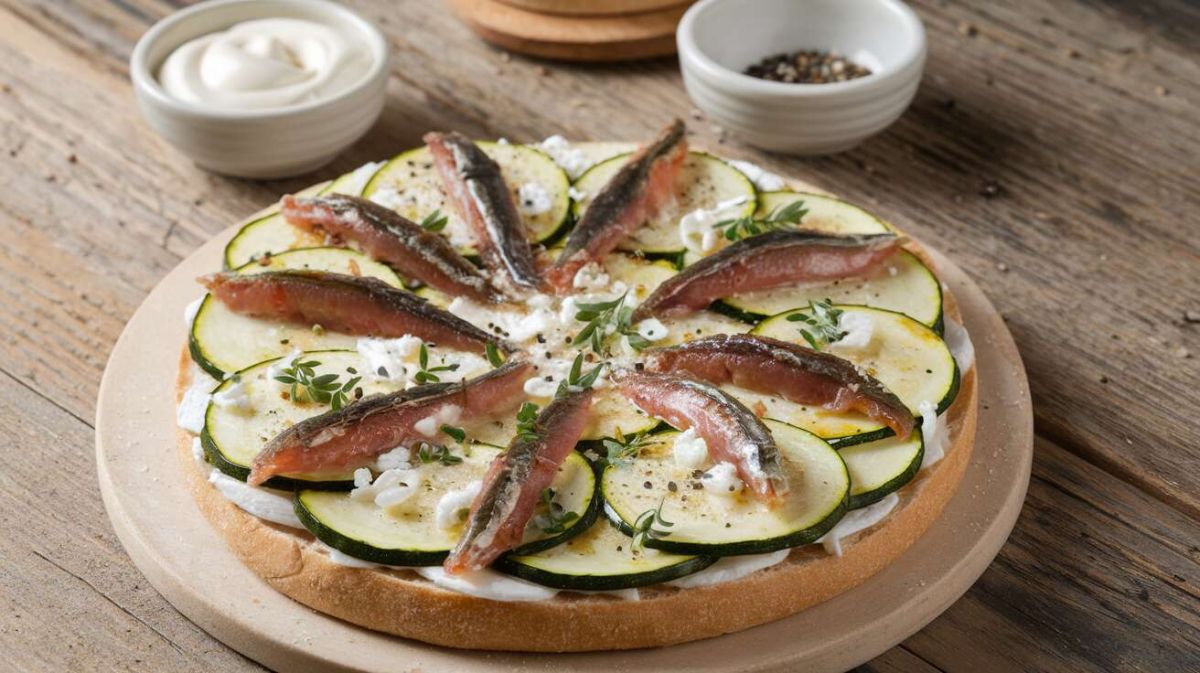 Tarte légère de courgettes et anchois sur pain pita