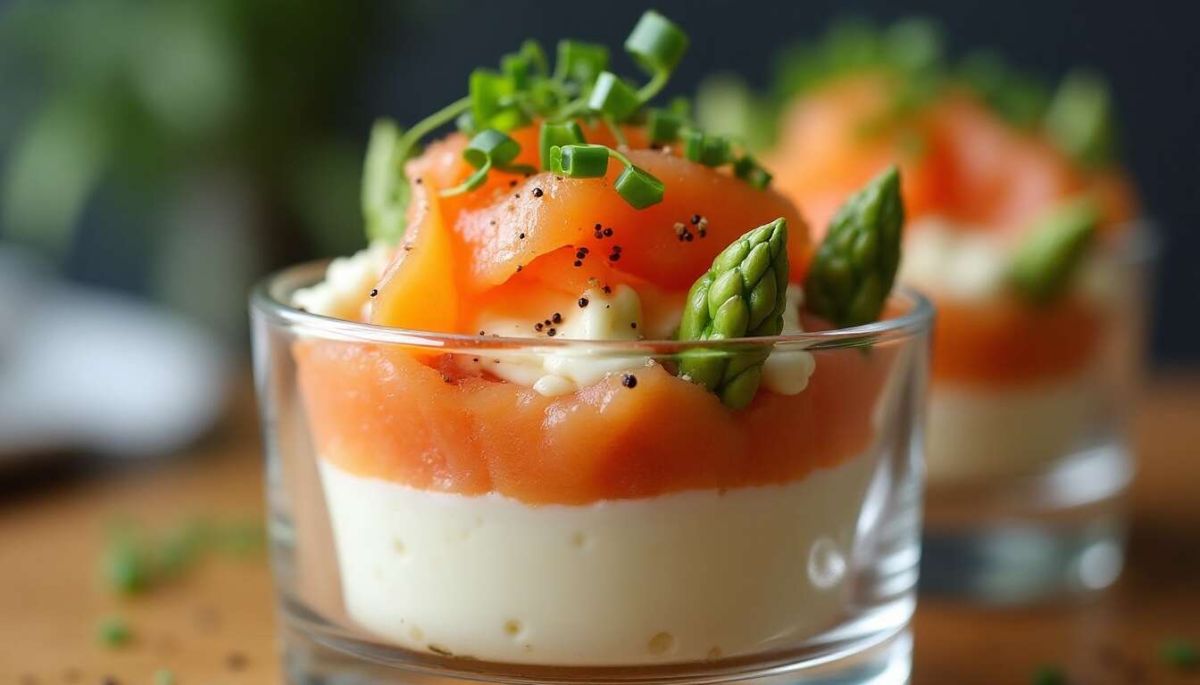 Verrines gourmandes : fromage frais, asperges blanches et saumon fumé