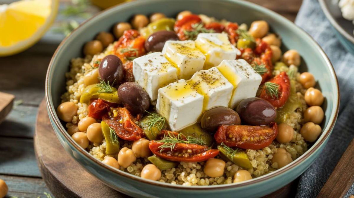 Dégustez un buddha bowl méditerranéen à la feta : une recette simple et savoureuse
